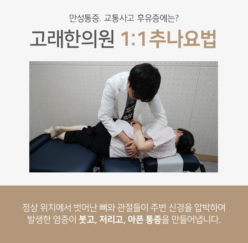 한의사가 환자의 목과 어깨를 잡고 1:1 추나요법을 시행하는 모습