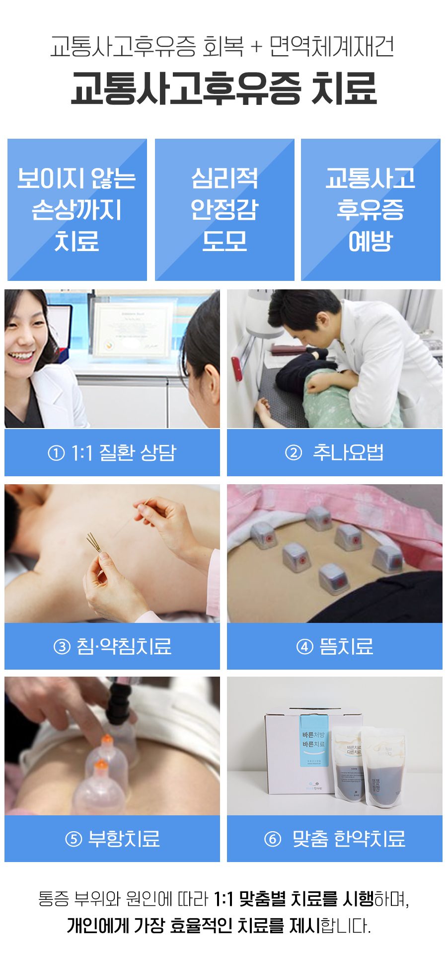 1:1 질환 상담, 추나요법, 침·약침, 뜸, 부항, 맞춤 한약 치료 이미지